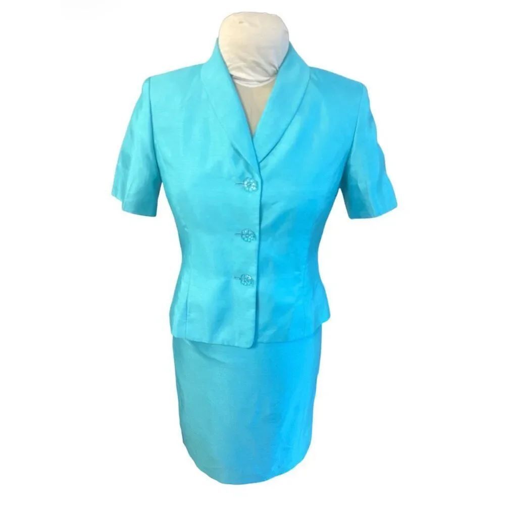 Le Suit Set Womens 4 Petite Blue Short Sleeve Blazer Mini Straight Skirt 2Pcs